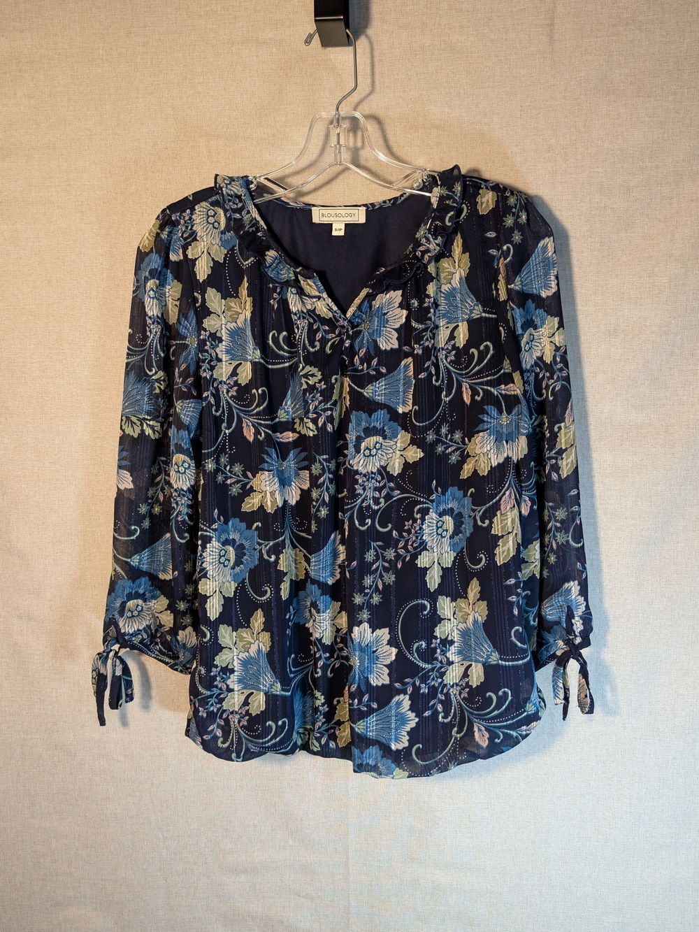 Navy Floral V-Neck Blouse - Womens Size S